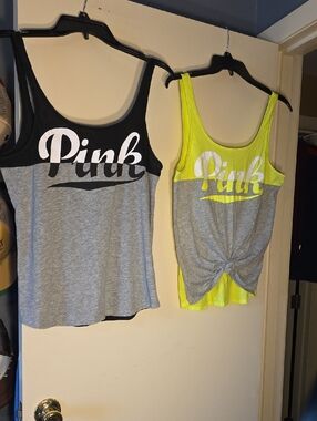 PINK Two-Tone Tank Tops - Gray with Black & Neon Yellow